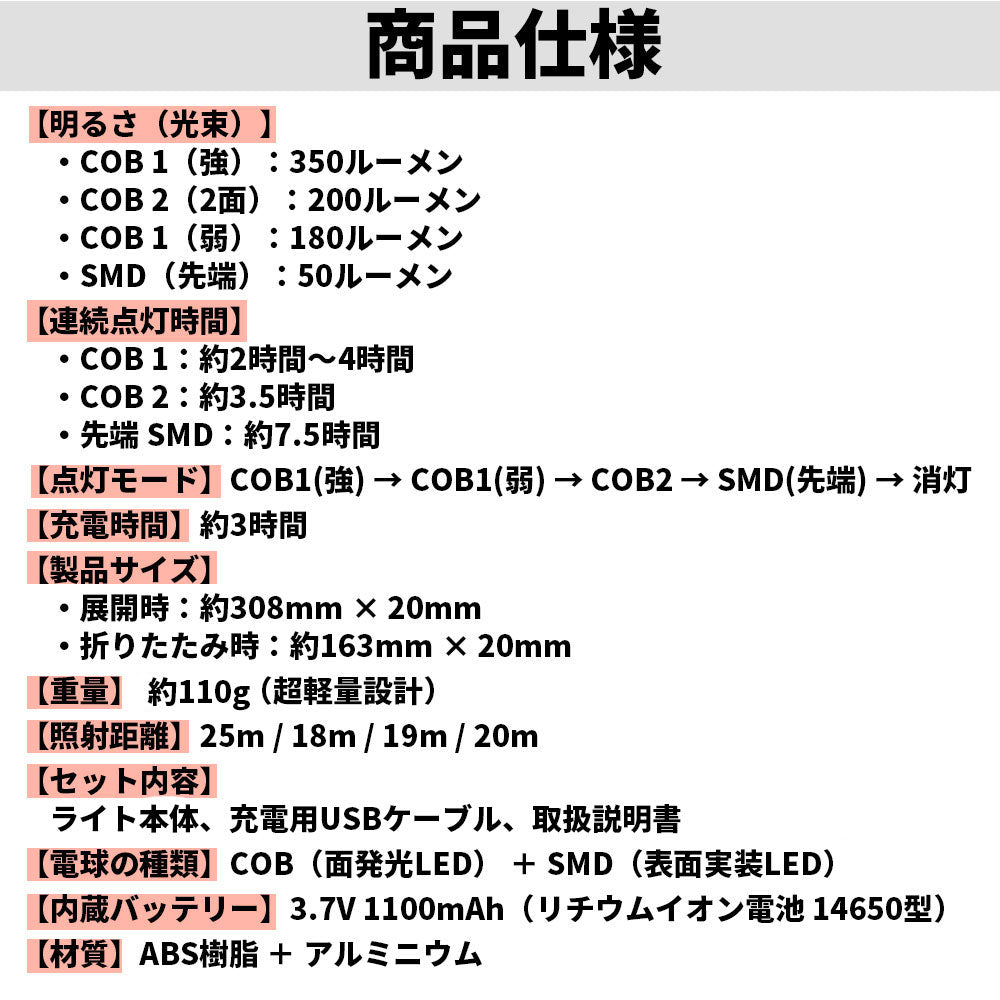LED スリム ペンライト 両面点灯 ワークライト 充電式 折りたたみ式 作業灯